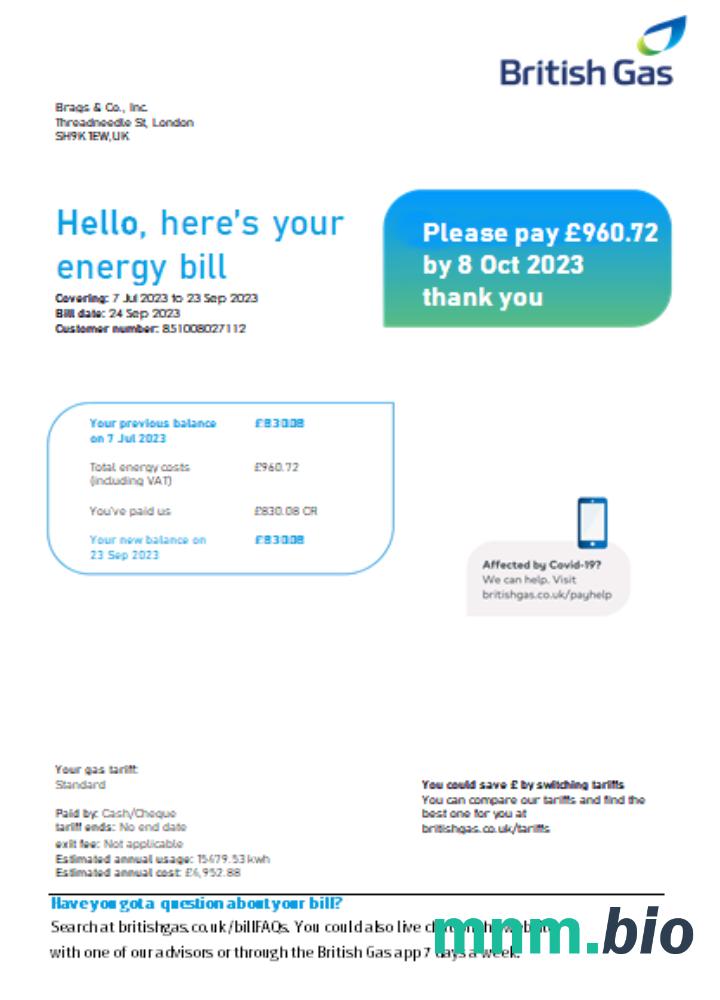 British Gas Energy rachunek za usługi komunalne strona 1